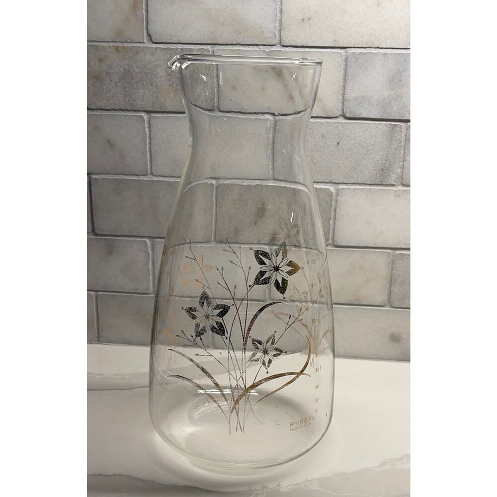 Vintage Pyrex 48 oz Juice Carafe or Pitcher with Gold Floral Design